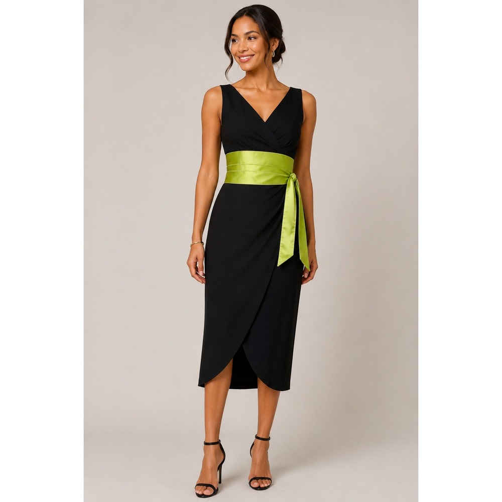 Kay Unger Black V-Neck Wrap Midi Dress Lime Green Silk Sash Size 10 Cocktail NWT